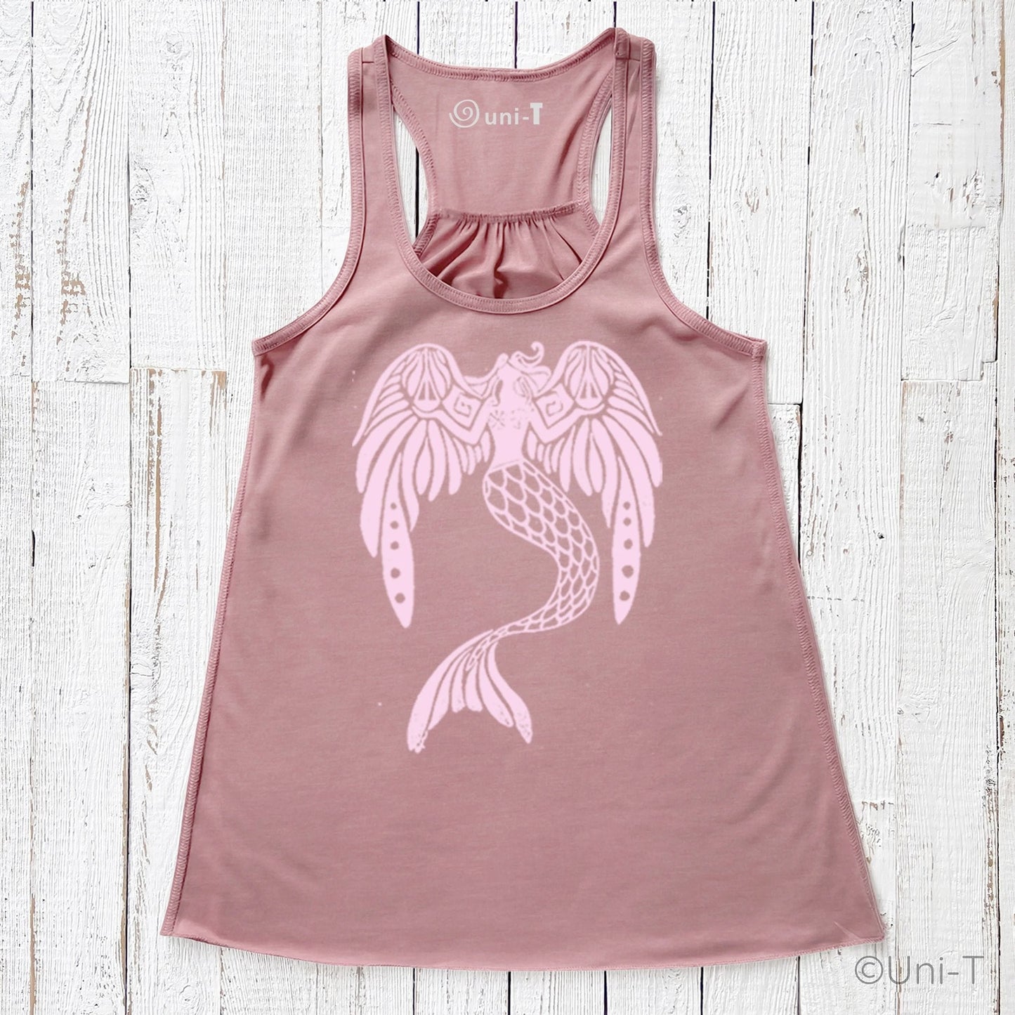 Flowy Tank Top for Women in mauve with pink mermaid design. Eco-friendly racerback style made from soft poly-viscose blend.