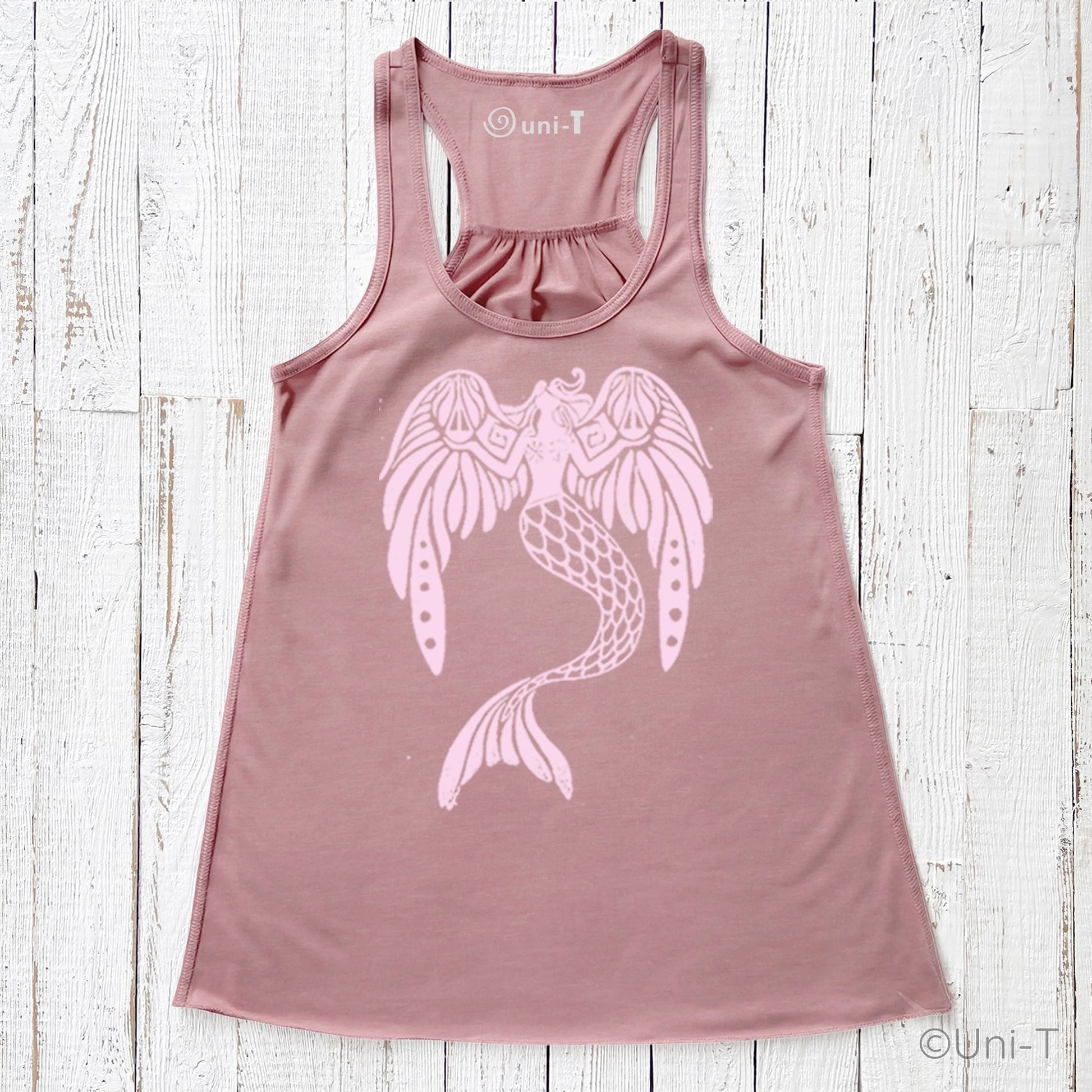 Flowy Tank Top for Women in mauve with pink mermaid design. Eco-friendly racerback style made from soft poly-viscose blend.