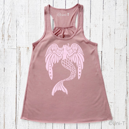 Flowy Tank Top for Women in mauve with pink mermaid design. Eco-friendly racerback style made from soft poly-viscose blend.