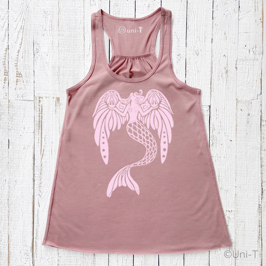 Flowy Tank Top for Women in mauve with pink mermaid design. Eco-friendly racerback style made from soft poly-viscose blend.