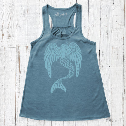 Blue flowy tank top for women featuring a light blue mermaid graphic. Soft, breathable racerback cut ideal for casual wear.
