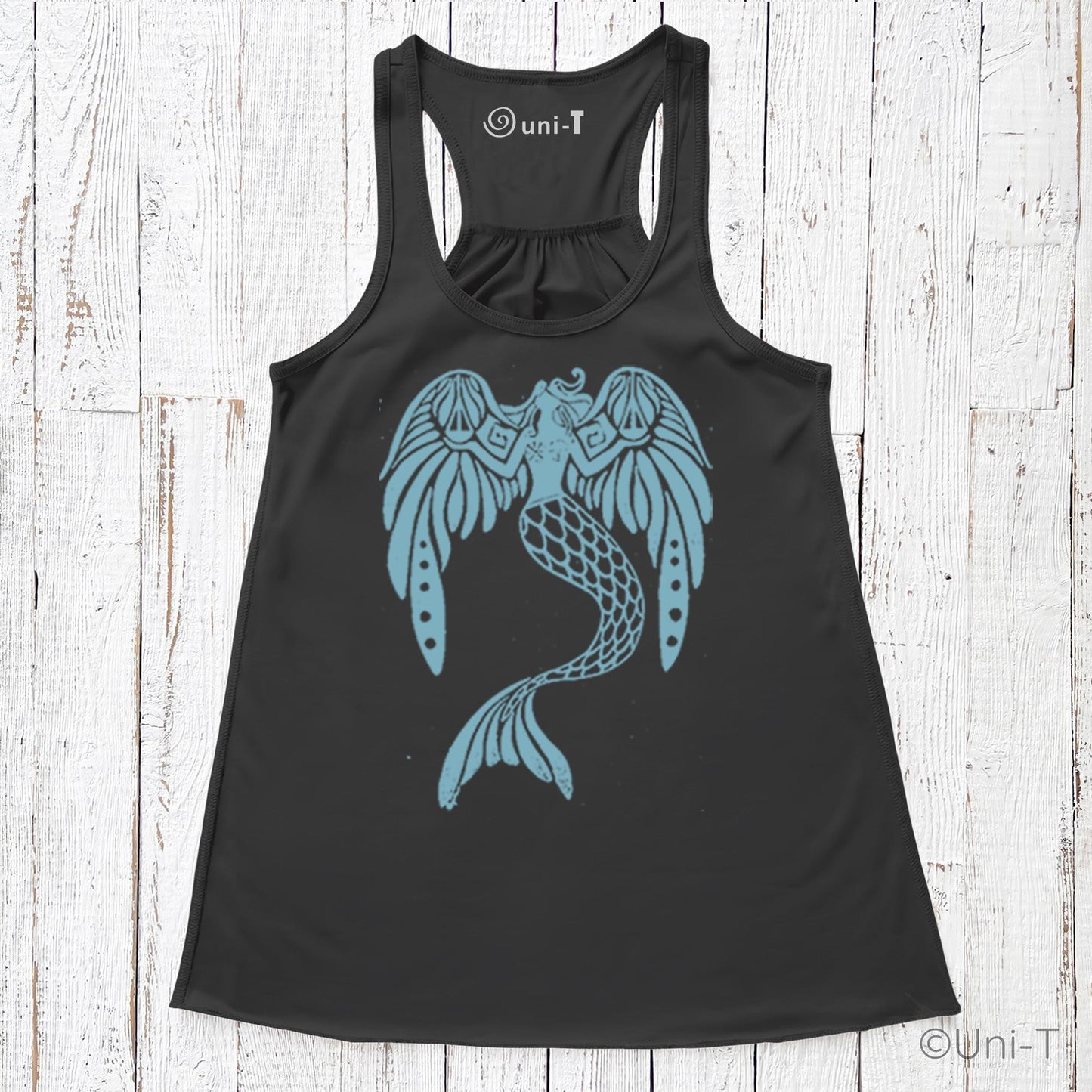Black flowy tank top for women with light blue mermaid design. Sustainable, soft material with flattering racerback fit.