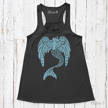Black flowy tank top for women with light blue mermaid design. Sustainable, soft material with flattering racerback fit.