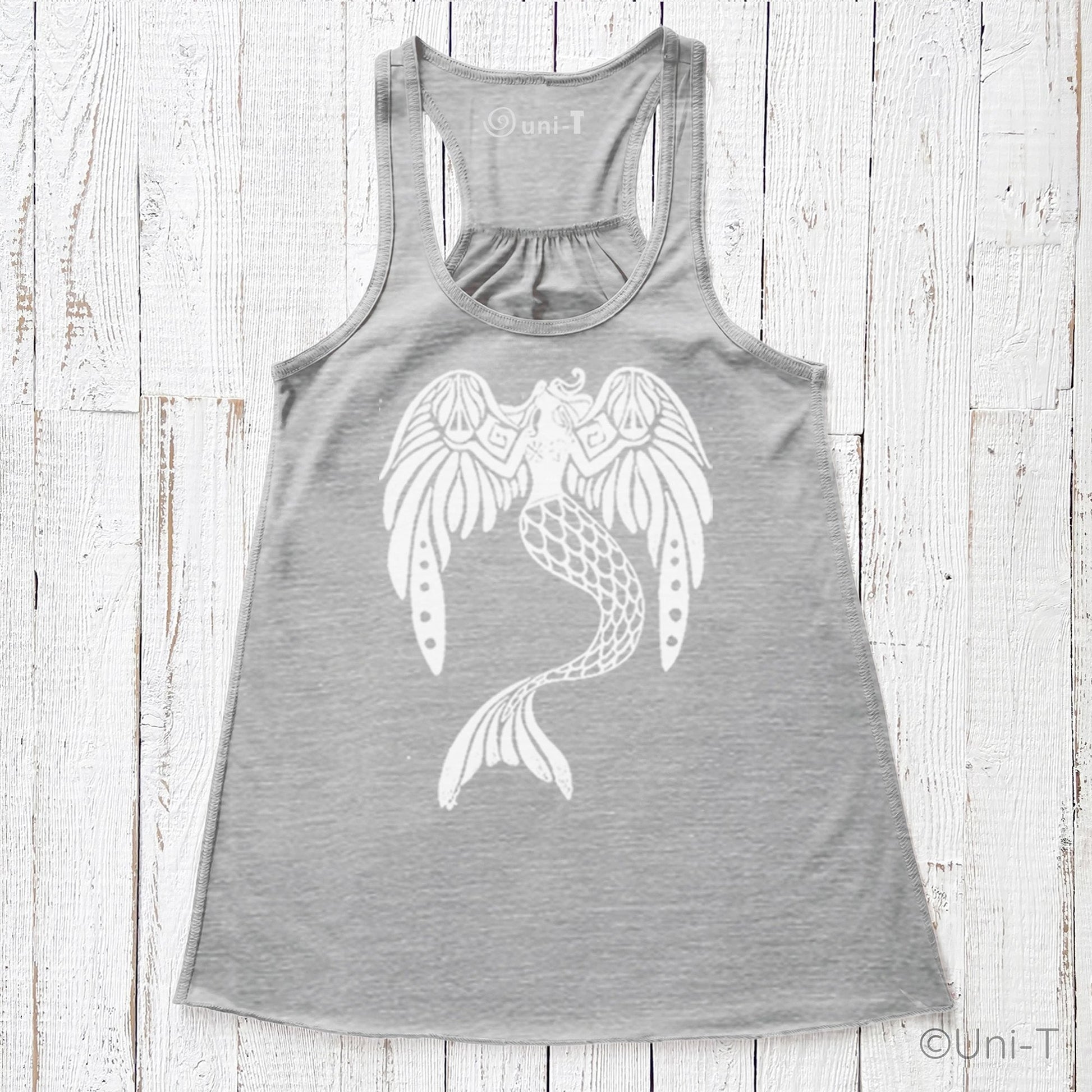 Heather grey flowy tank top for women with white mermaid design. Eco-friendly, soft fabric perfect for summer outfits.