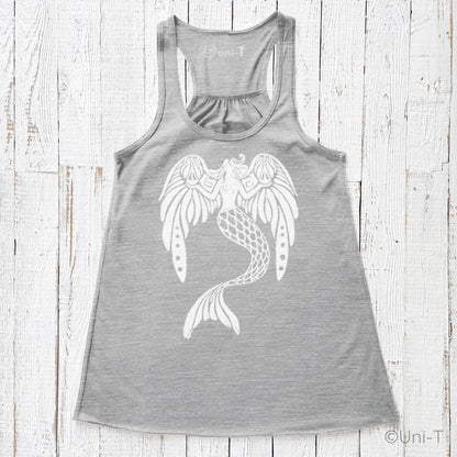 Heather grey flowy tank top for women with white mermaid design. Eco-friendly, soft fabric perfect for summer outfits.