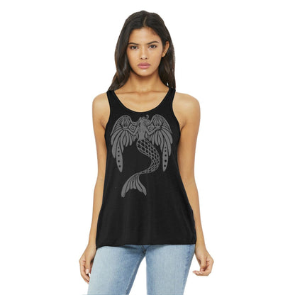 Model wearing black flowy tank top for women with grey mermaid design. Stylish racerback cut made from eco-conscious materials.