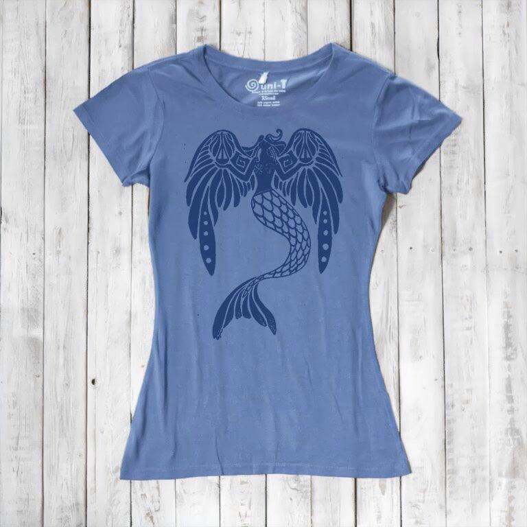 Women's Mermaid T-Shirt in bamboo & organic cotton in blue with dark navy fantasy mermaid graphic. Eco-friendly mythical ocean theme tee.