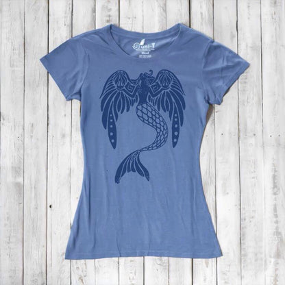 Women's Mermaid T-Shirt in bamboo & organic cotton in blue with dark navy fantasy mermaid graphic. Eco-friendly mythical ocean theme tee.