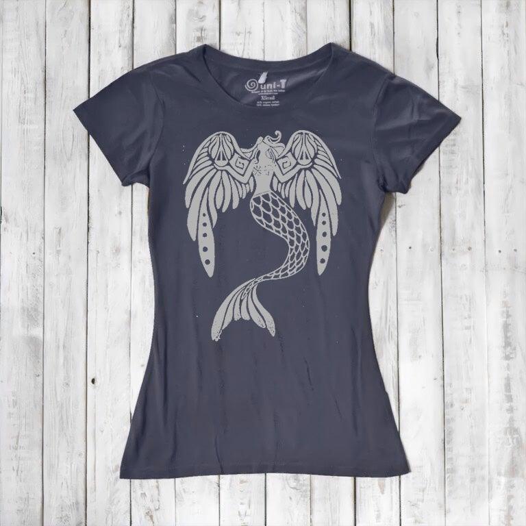 Charcoal grey Women's Mermaid T-Shirt in bamboo & organic cotton with light grey fantasy mermaid design. Sustainable ocean-themed graphic tee.