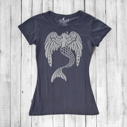 Charcoal grey Women's Mermaid T-Shirt in bamboo & organic cotton with light grey fantasy mermaid design. Sustainable ocean-themed graphic tee.