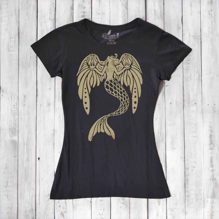 Black Women's Mermaid T-Shirt in bamboo & organic cotton with gold fantasy mermaid print. Mythical ocean theme gift for fantasy lovers.