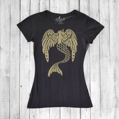 Black Women's Mermaid T-Shirt in bamboo & organic cotton with gold fantasy mermaid print. Mythical ocean theme gift for fantasy lovers.