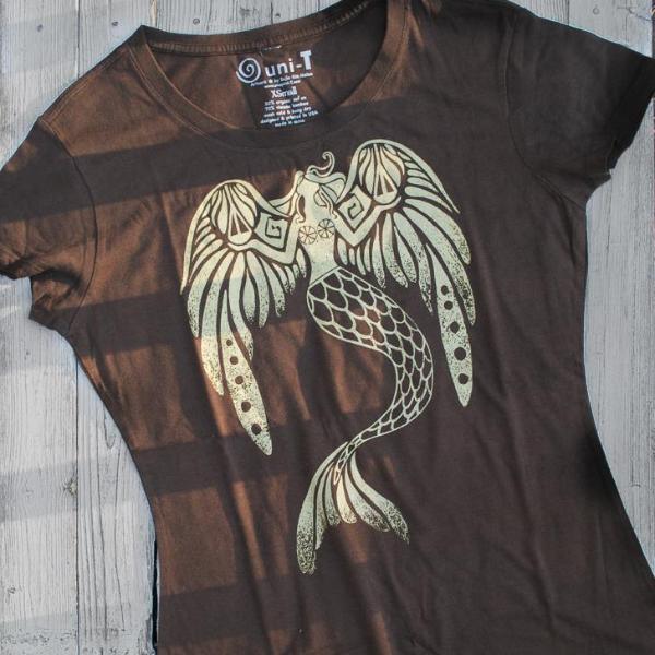 Brown Women's Mermaid T-Shirt in bamboo & organic cotton with shimmering gold mermaid graphic. Unique fantasy art tee for eco-conscious women.