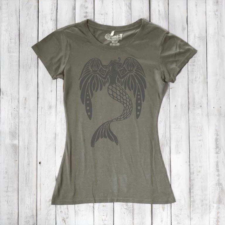 Olive green Women's Mermaid T-Shirt in bamboo & organic cotton with black fantasy mermaid design. Earth-toned mythical ocean theme graphic tee.