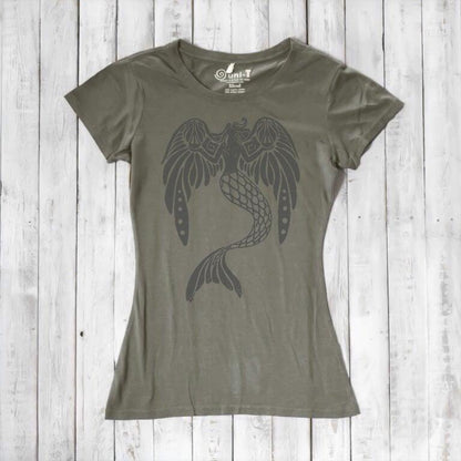 Olive green Women's Mermaid T-Shirt in bamboo & organic cotton with black fantasy mermaid design. Earth-toned mythical ocean theme graphic tee.