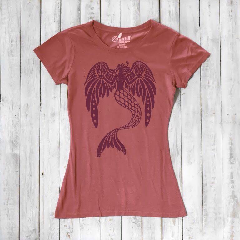 Rust red Women's Mermaid T-Shirt in bamboo & organic cotton with deep maroon mermaid graphic. Fantasy art tee perfect for eco-friendly gifting.