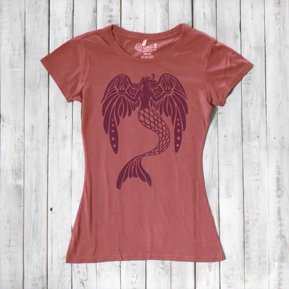 Rust red Women's Mermaid T-Shirt in bamboo & organic cotton with deep maroon mermaid graphic. Fantasy art tee perfect for eco-friendly gifting.