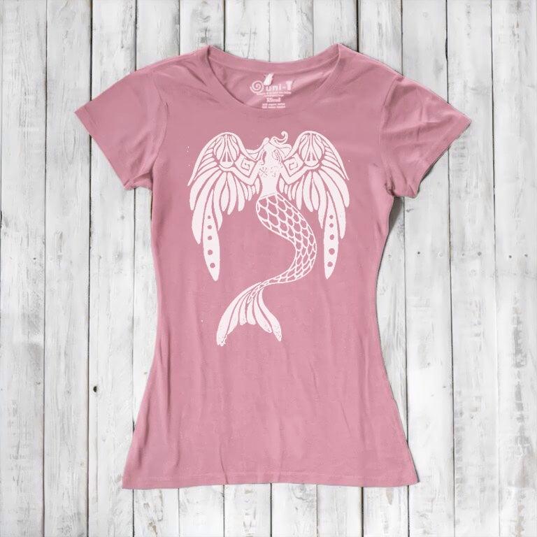 Pink Women's Mermaid T-Shirt in bamboo & organic cotton with white fantasy mermaid print. Soft and magical ocean-themed tee for women and teens.