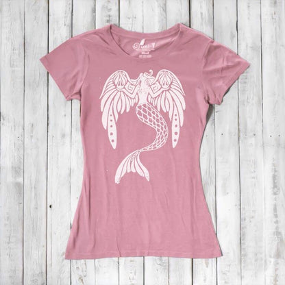 Pink Women's Mermaid T-Shirt in bamboo & organic cotton with white fantasy mermaid print. Soft and magical ocean-themed tee for women and teens.