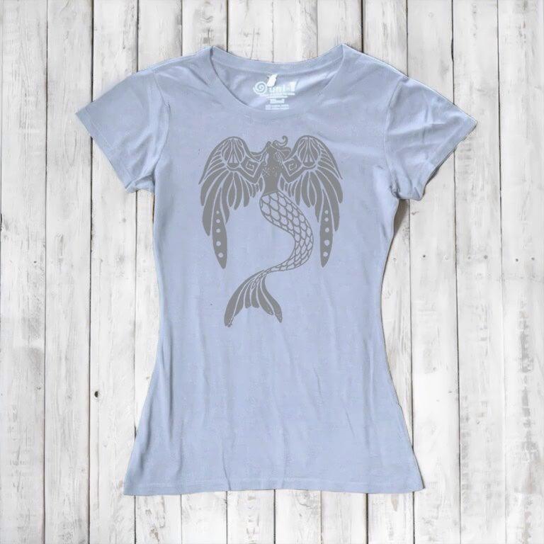 Light blue Women's Mermaid T-Shirt in bamboo & organic cotton with grey fantasy mermaid design. Sustainable mythical ocean theme fashion tee.