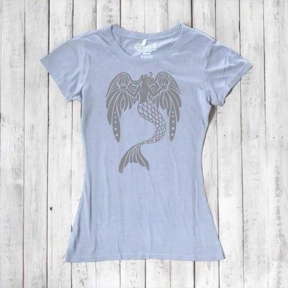 Light blue Women's Mermaid T-Shirt in bamboo & organic cotton with grey fantasy mermaid design. Sustainable mythical ocean theme fashion tee.