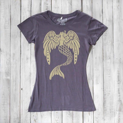 Purple Women's Mermaid T-Shirt in bamboo & organic cotton with gold fantasy mermaid print. Eco-friendly mythical ocean gift for daughter or mom.