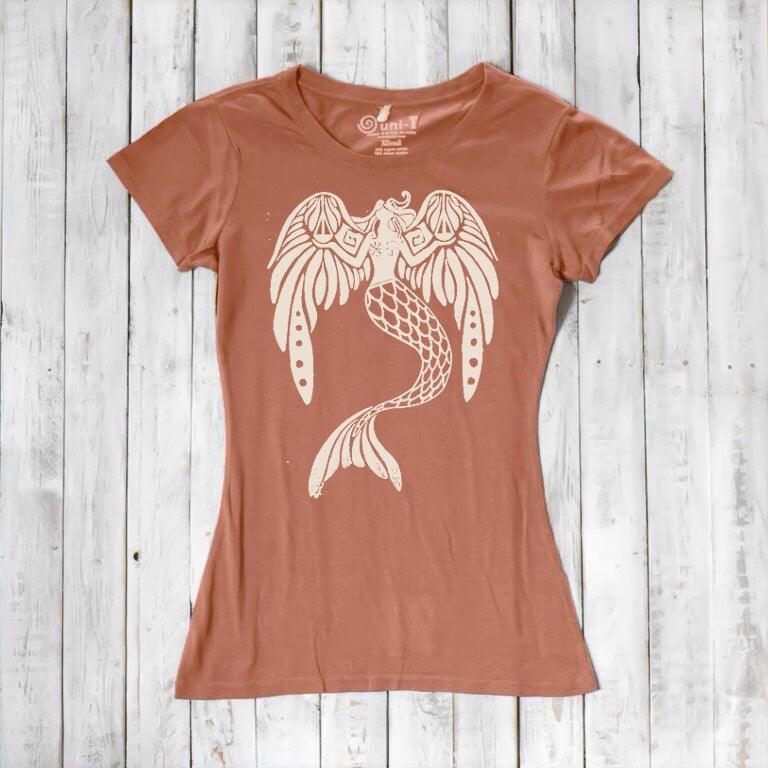 Terracotta Women's Mermaid T-Shirt in bamboo & organic cotton with cream fantasy mermaid design. Unique and sustainable ocean-themed gift tee.