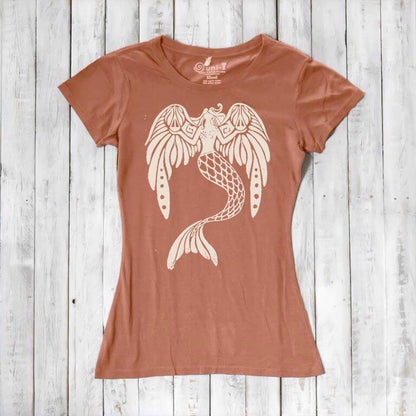 Terracotta Women's Mermaid T-Shirt in bamboo & organic cotton with cream fantasy mermaid design. Unique and sustainable ocean-themed gift tee.