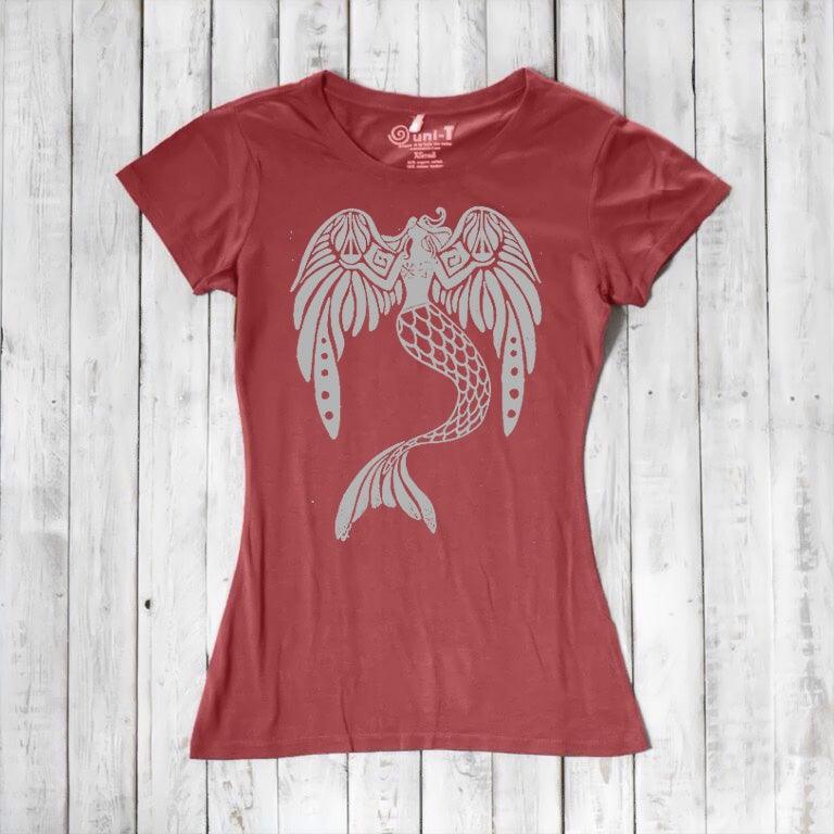 Red Women's Mermaid T-Shirt in bamboo & organic cotton with light grey fantasy mermaid print. Soft and eco-conscious mythical ocean graphic tee.