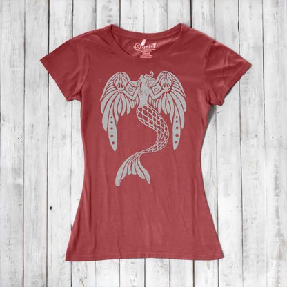 Red Women's Mermaid T-Shirt in bamboo & organic cotton with light grey fantasy mermaid print. Soft and eco-conscious mythical ocean graphic tee.