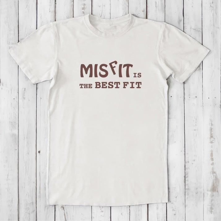 Men's Misfit T-Shirt in ivory with brown text, made from bamboo and organic cotton. Eco-friendly self-expression tee for nonconformist style.