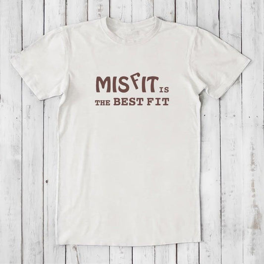 Men's Misfit T-Shirt in ivory with brown text, made from bamboo and organic cotton. Eco-friendly self-expression tee for nonconformist style.