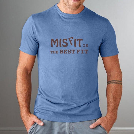 Blue bamboo and organic cotton men's Misfit T-Shirt with brown text. Sustainable fashion gift for rebels and free spirits.