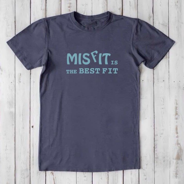 Slate gray men's Misfit T-Shirt with light blue text, crafted from bamboo and organic cotton. Bold statement tee for unique personalities.