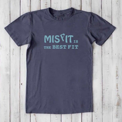 Slate gray men's Misfit T-Shirt with light blue text, crafted from bamboo and organic cotton. Bold statement tee for unique personalities.