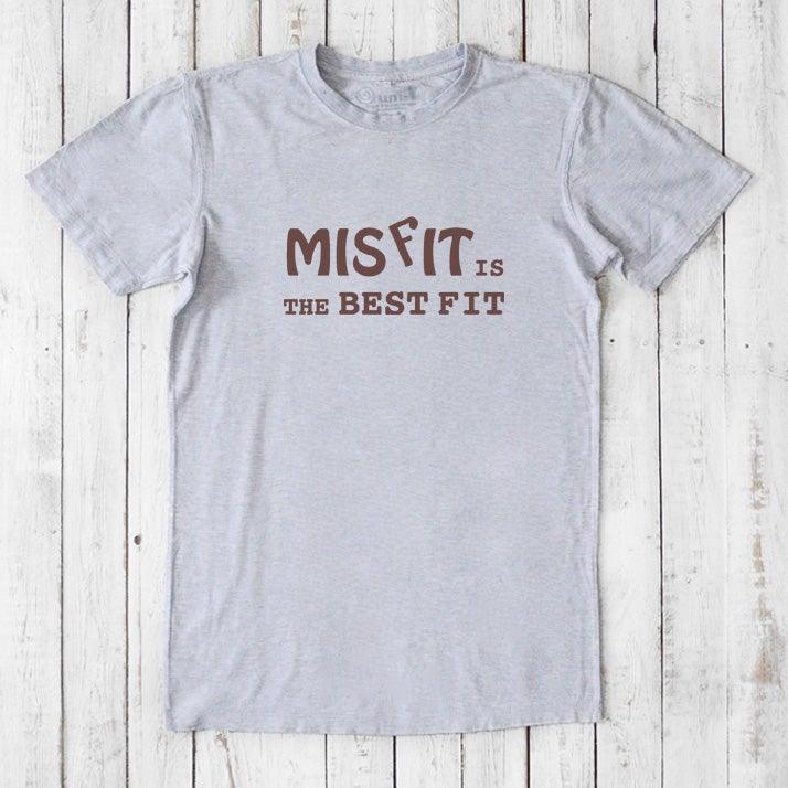 Light gray men's Misfit T-Shirt with brown text. Soft bamboo and organic cotton blend tee for bold, expressive everyday wear.