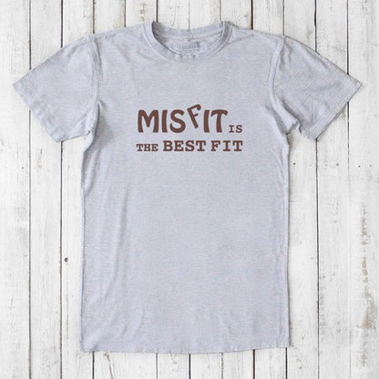 Light gray men's Misfit T-Shirt with brown text. Soft bamboo and organic cotton blend tee for bold, expressive everyday wear.