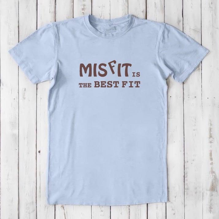 Light blue men's Misfit T-Shirt with brown text. Sustainable bamboo and organic cotton tee for self-expression and comfort.