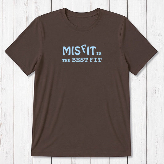 Dark brown men's Misfit T-Shirt with mint green text. Eco-friendly bamboo and organic cotton tee for bold, independent men.