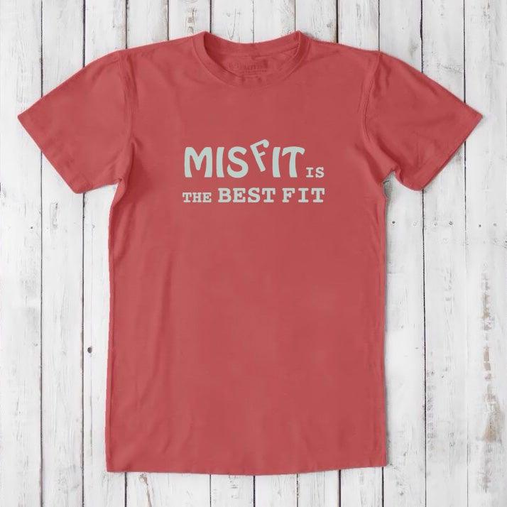 Red men's Misfit T-Shirt with light gray text. Bamboo and organic cotton blend tee for rebels and nonconformists.