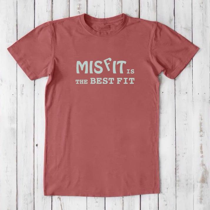 Clay red men's Misfit T-Shirt with light gray text. Sustainable fashion tee for men who embrace individuality.