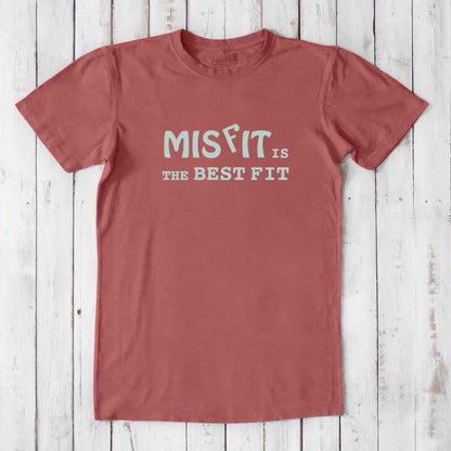 Clay red men's Misfit T-Shirt with light gray text. Sustainable fashion tee for men who embrace individuality.