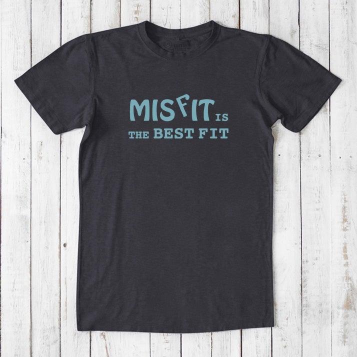 Black men's Misfit T-Shirt with blue text. Eco-conscious bamboo and organic cotton tee for bold, rebellious fashion statements.