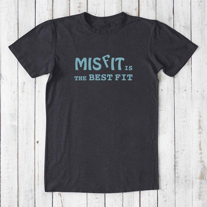 Black men's Misfit T-Shirt with blue text. Eco-conscious bamboo and organic cotton tee for bold, rebellious fashion statements.