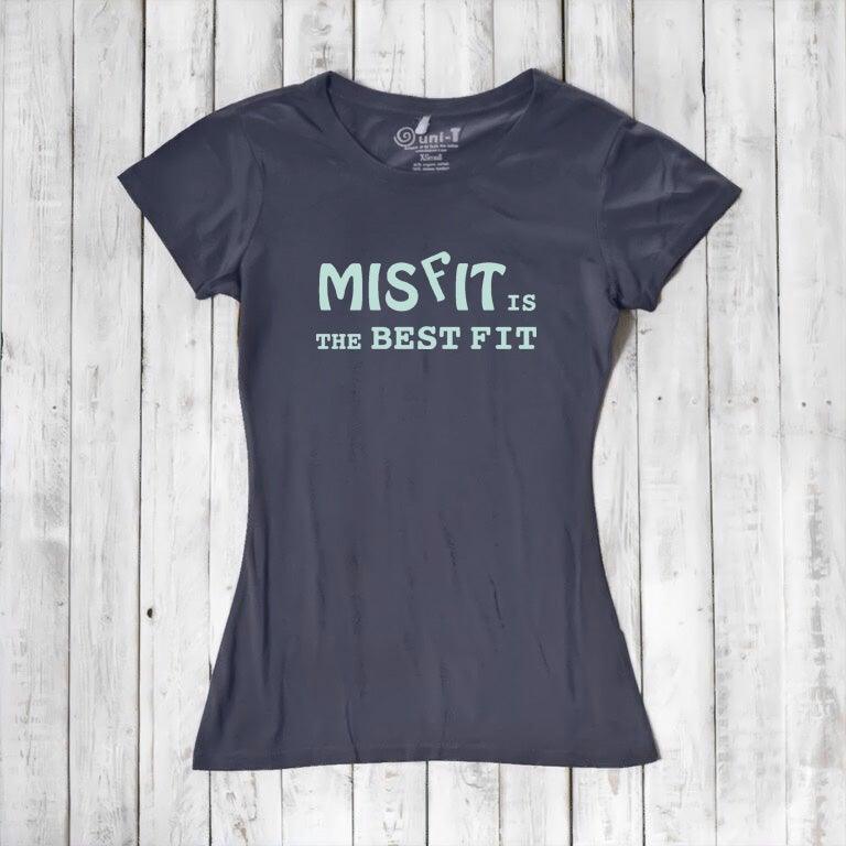 Navy blue women's t-shirt with 'Misfit is the Best Fit' print. Crafted from bamboo and organic cotton for comfort and self-expression.