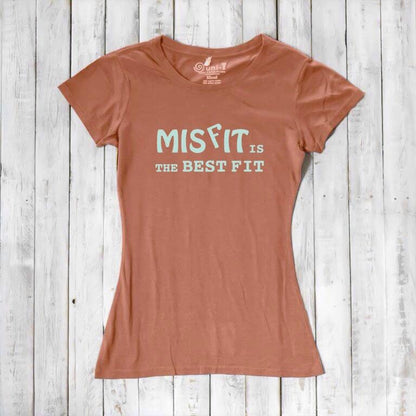 Terracotta bamboo and organic cotton t-shirt for women with 'Misfit is the Best Fit' text. Sustainable and stylish self-expression gift.