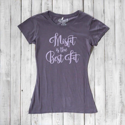Women's Misfit T-Shirt in dark purple bamboo and organic cotton with lavender script 'Misfit is the Best Fit'. Eco-friendly rebel fashion tee.