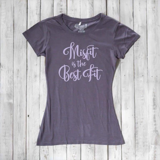 Women's Misfit T-Shirt in dark purple bamboo and organic cotton with lavender script 'Misfit is the Best Fit'. Eco-friendly rebel fashion tee.