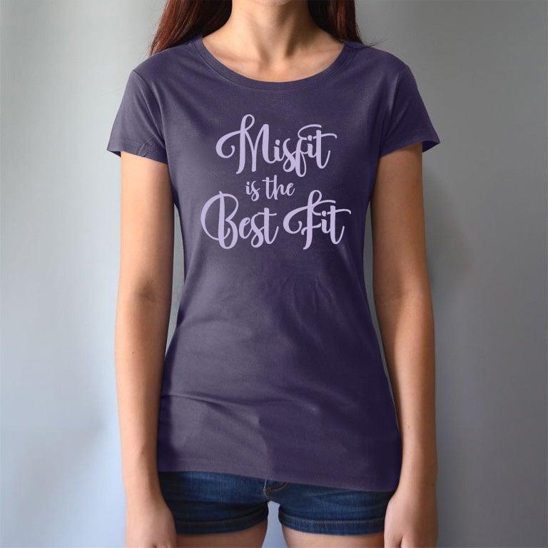 Model wearing Women's Misfit T-Shirt in dark purple bamboo and organic cotton. Features bold lavender script for self-expression and comfort.