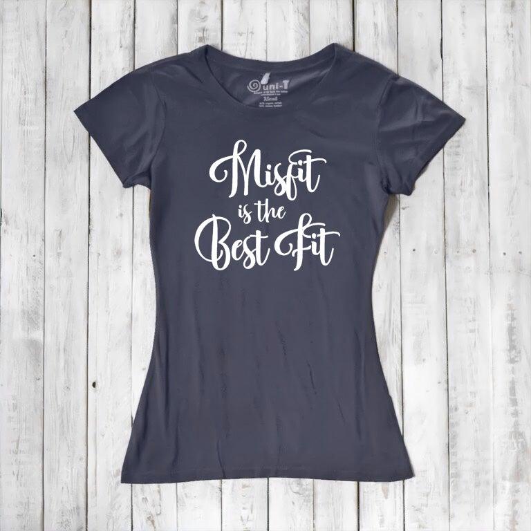 Navy Women's Misfit T-Shirt in bamboo and organic cotton with white 'Misfit is the Best Fit' design. Ideal for eco-conscious statement wear.
